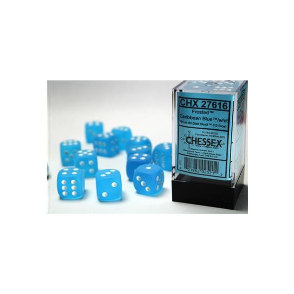 Chessex 16mm d6 with pips Dice Blocks (12 Dice) - Frosted Caribbean Blue w/white-27616