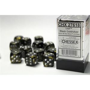 Chessex 16mm d6 with pips Dice Blocks (12 Dice) - Leaf Black Gold w/silver-27618