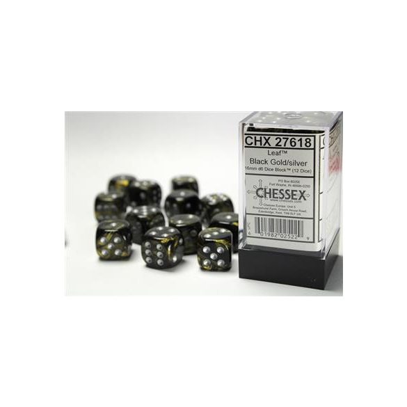 Chessex 16mm d6 with pips Dice Blocks (12 Dice) - Leaf Black Gold w/silver-27618