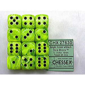 Chessex 16mm d6 with pips Dice Blocks (12 Dice) - Vortex Bright Green w/black-27630