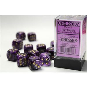 Chessex 16mm d6 with pips Dice Blocks (12 Dice) - Vortex Purple w/gold-27637