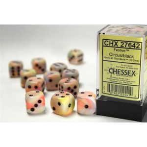 Chessex 16mm d6 with pips Dice Blocks (12 Dice) - Festive Circus w/black-27642