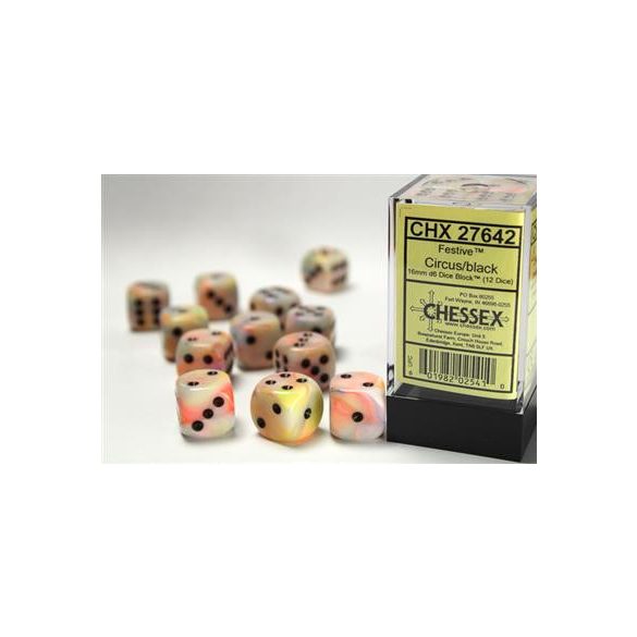 Chessex 16mm d6 with pips Dice Blocks (12 Dice) - Festive Circus w/black-27642