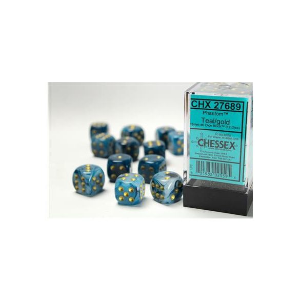 Chessex 16mm d6 with pips Dice Blocks (12 Dice) - Phantom Teal w/gold-27689