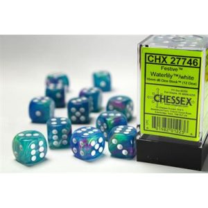 Chessex 16mm d6 with pips Dice Blocks (12 Dice) - Festive Waterlily/white-27746