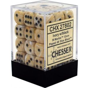 Chessex Signature 12mm d6 with pips Dice Blocks (36 Dice) - Marble Ivory w/black-27802
