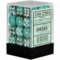 Chessex Signature 12mm d6 with pips Dice Blocks (36 Dice) - Marble Oxi‑Copper/white-27803