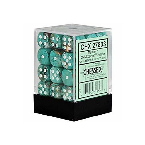 Chessex Signature 12mm d6 with pips Dice Blocks (36 Dice) - Marble Oxi‑Copper/white-27803