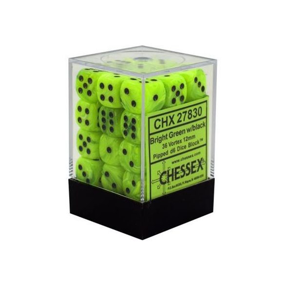 Chessex Signature 12mm d6 with pips Dice Blocks (36 Dice) - Vortex Bright Green w/black-27830