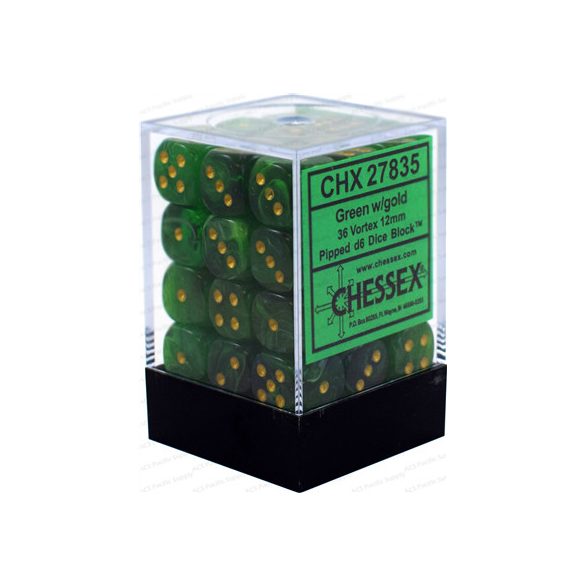 Chessex Signature 12mm d6 with pips Dice Blocks (36 Dice) - Vortex Green w/gold-27835