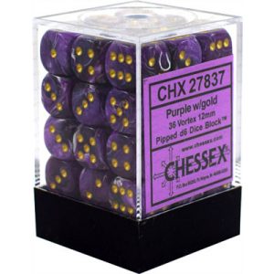 Chessex Signature 12mm d6 with pips Dice Blocks (36 Dice) - Vortex Purple w/gold-27837