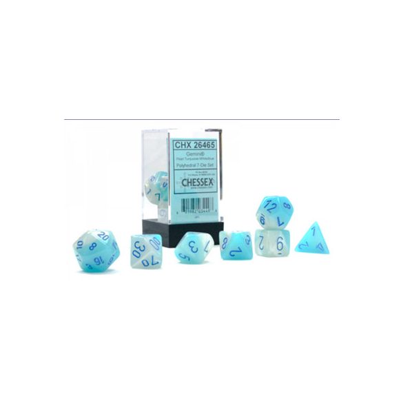 Gemini Polyhedral Pearl Turquoise-White/blue Luminary 7-Die Set-26465